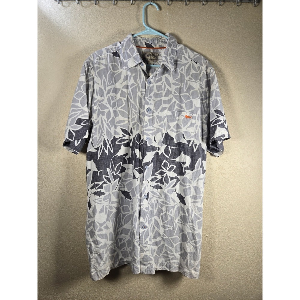 Salt Life Gray Whi Floral Fish Camp Hawaiian Shirt Size L Short Sleeve Button Up